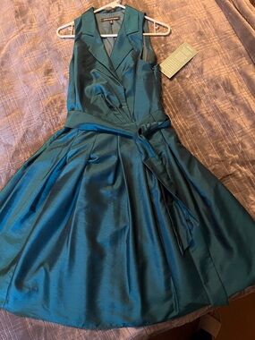 Jones Wear Teal Satin Asymmetrical Fit & Flare Dress